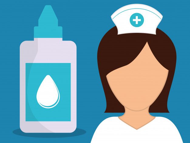 a nurse and white cover eye drop in blue background