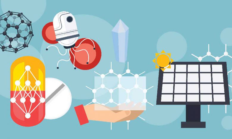 Capsule and tablet graphic shapes are lying beside a robot and solar panel shape on a blue background