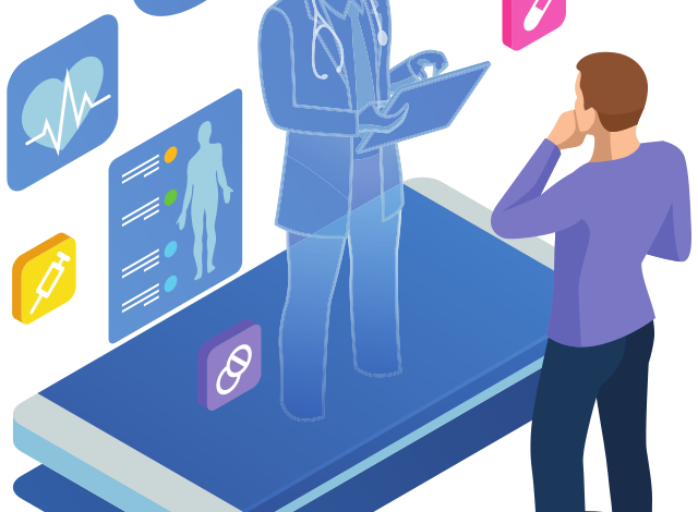 online doctor standing on a giant phone answering a man