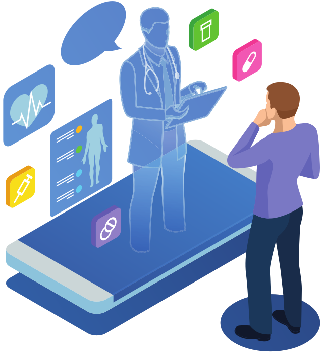 online doctor standing on a giant phone answering a man